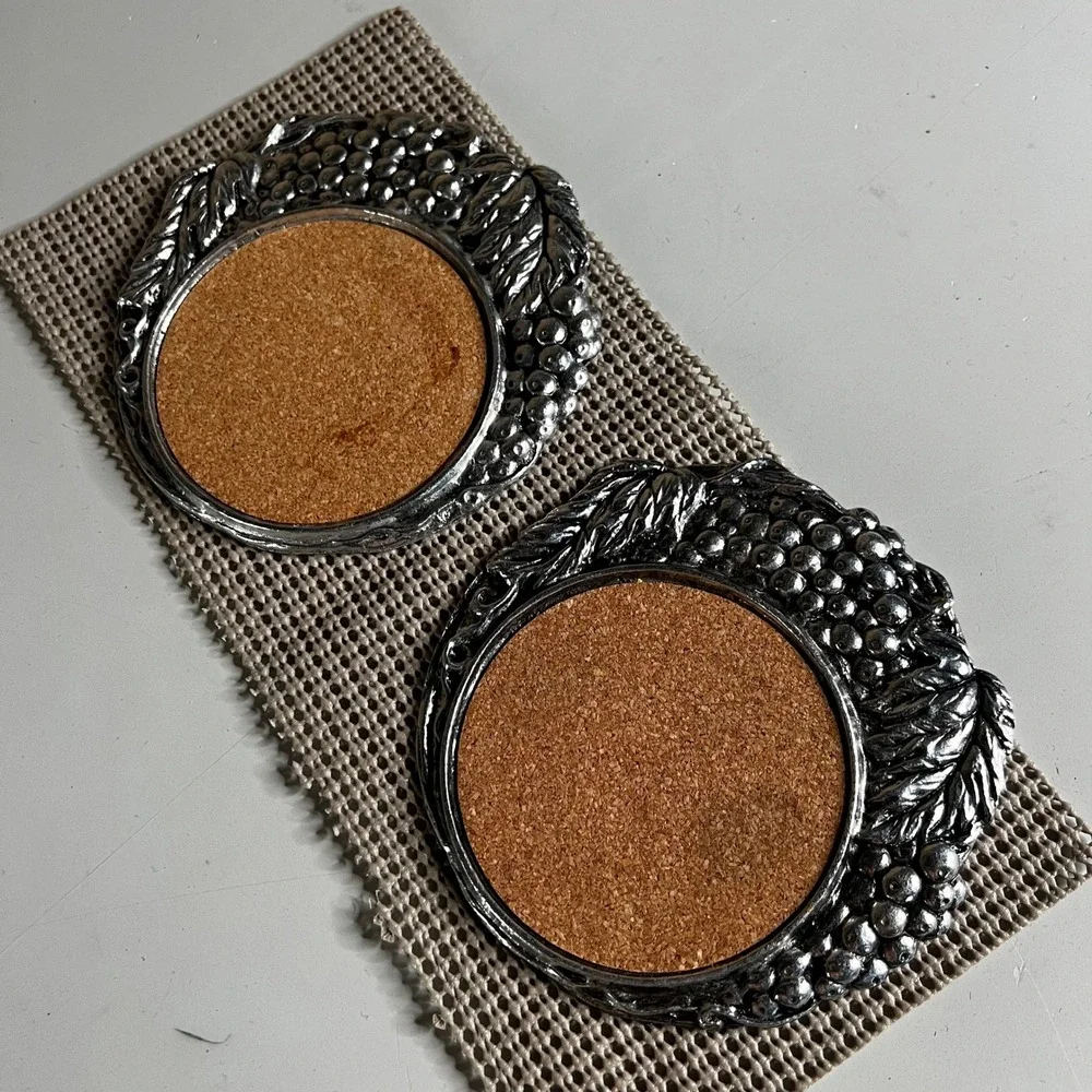 Vintage Pewter Tone Grape Vine Cork Coasters Set of 2 Harvest Motif Silver Tone